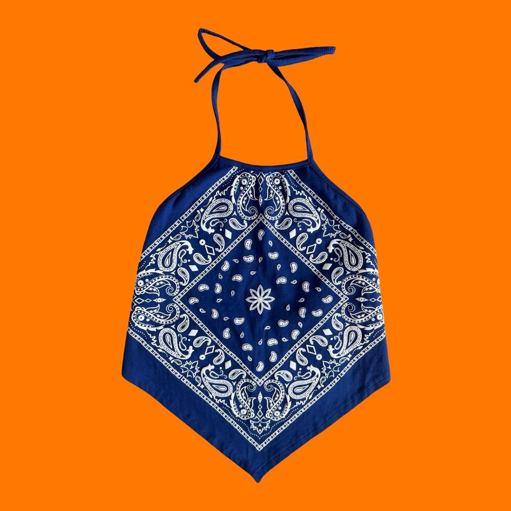 00's vintage blue paisley bandana open back halter y2k tank top SMALL